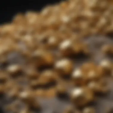 Close-up of pure gold nuggets and their geological formations.