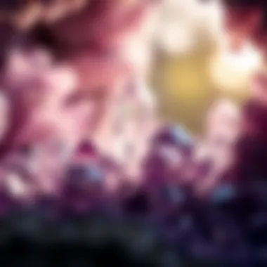 Close-up of amethyst crystals glistening in natural light