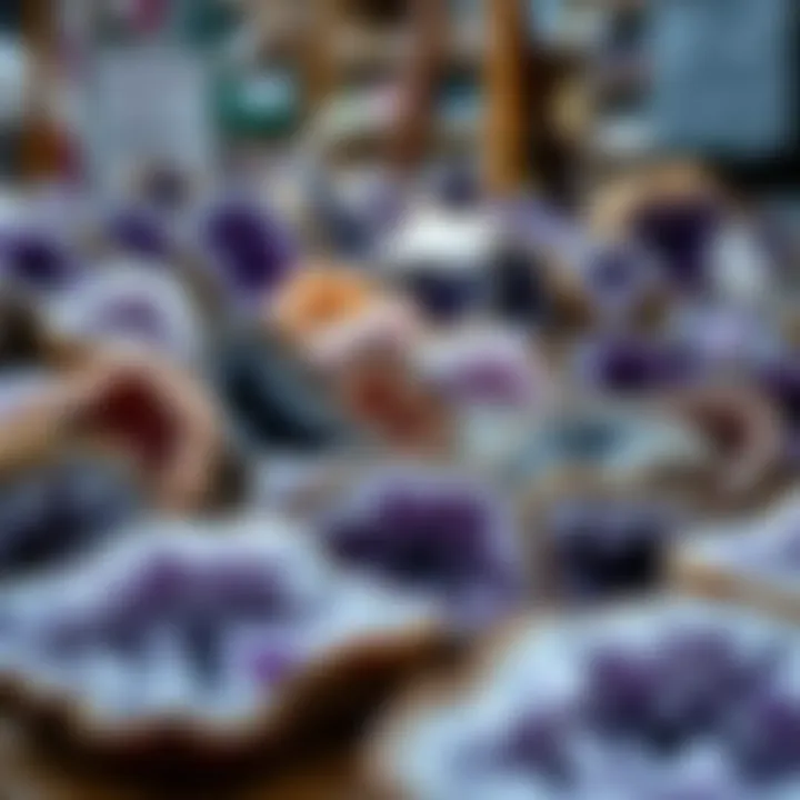 Various amethyst geodes arranged for sale at a market