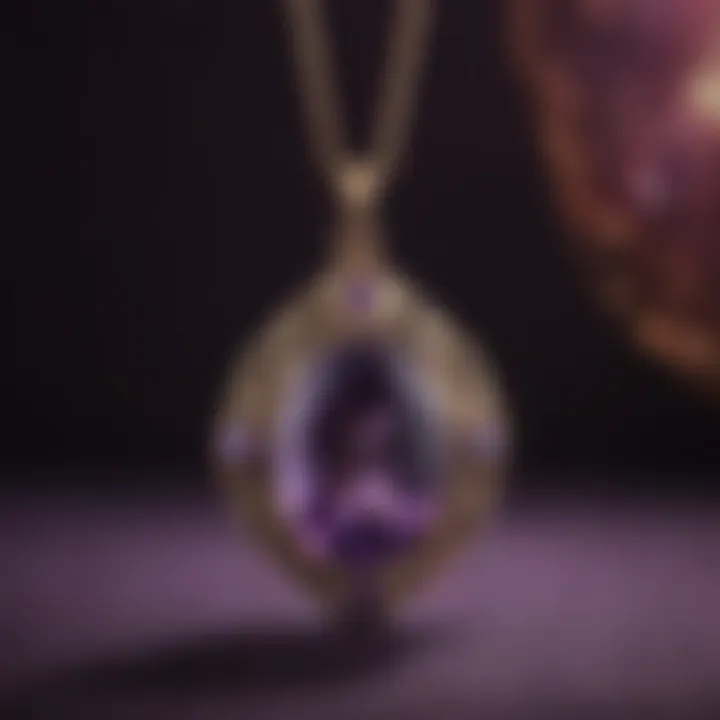 A beautifully crafted amethyst pendant set against a velvet background.