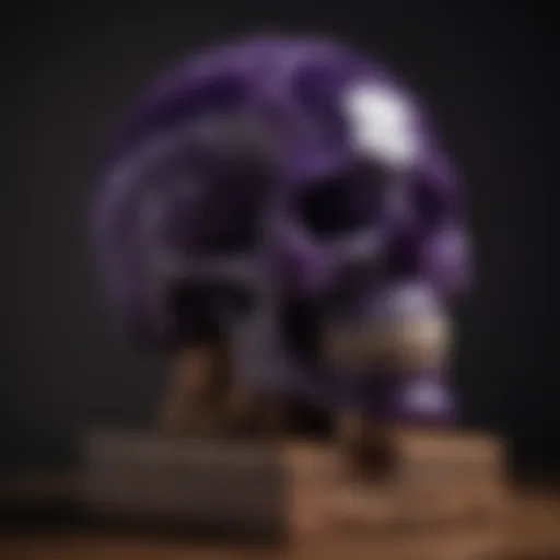 A stunning amethyst skull displayed on a wooden pedestal, highlighting its intricate carvings and deep purple hues.