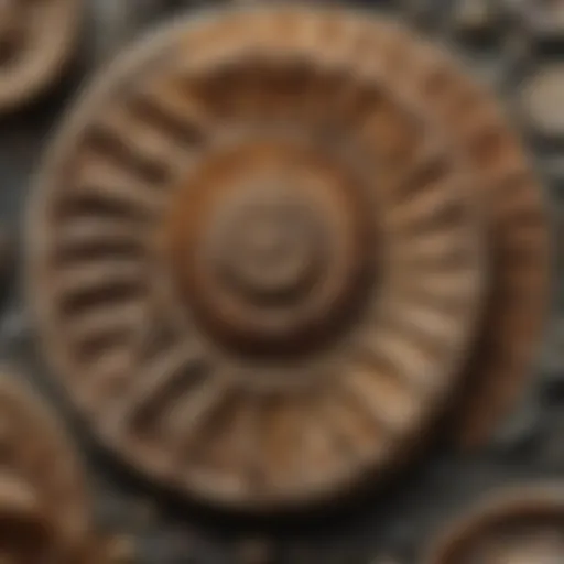 Close-up view of an ammonite fossil showcasing its intricate shell patterns