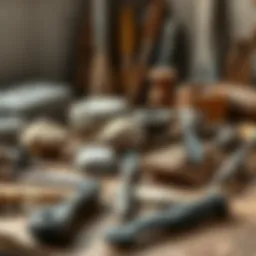 A variety of stone carving tools arranged on a wooden surface