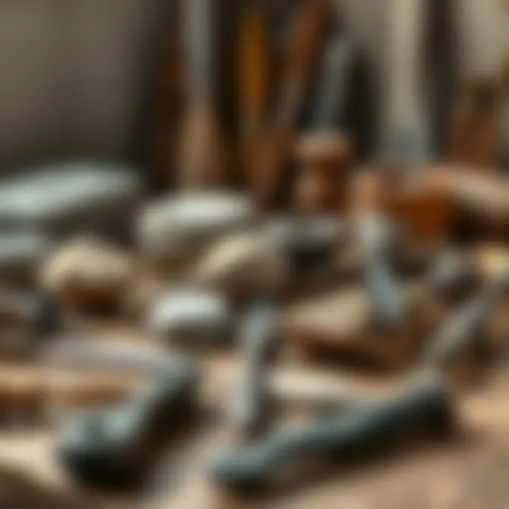 Variety of Stone Carving Tools A variety of stone carving tools arranged on a wooden surface