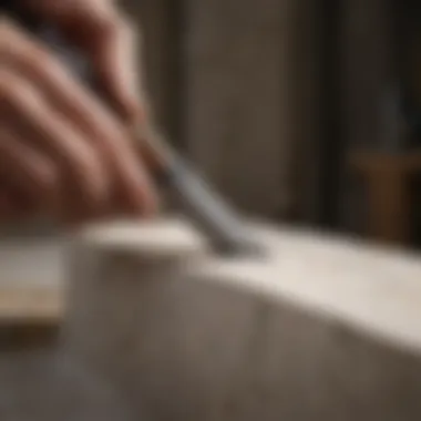 Close-up of a stone chisel cutting through marble