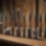 Variety of stone chisels displayed on a wooden table