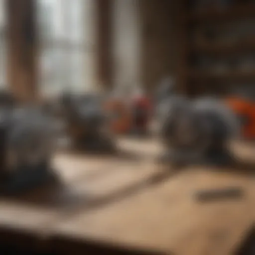 A variety of stone cutting saws displayed on a wooden table