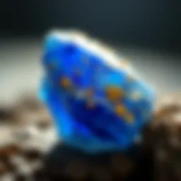 Close-up view of blue crystal with gold flecks glimmering in the light