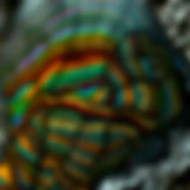 Close-up view of ammolite's intricate layers and iridescence