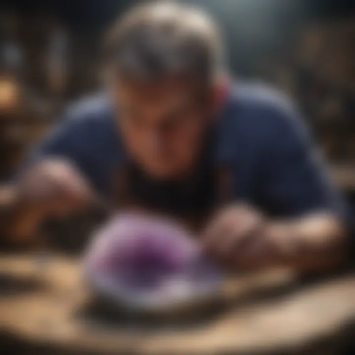 An artisan skillfully carving a vibrant amethyst stone