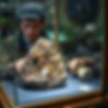 Chiastolite in a Collector's Display Case Mineral collector examining chiastolite in a display case