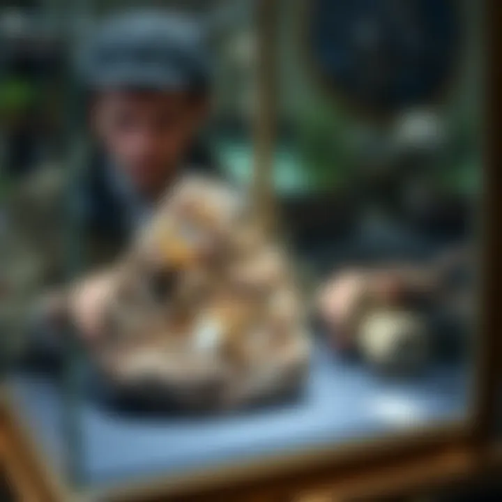 Chiastolite in a Collector's Display Case Mineral collector examining chiastolite in a display case