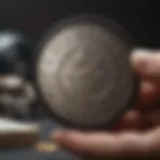 Close-up view of a loupe magnifier focusing on a rare coin