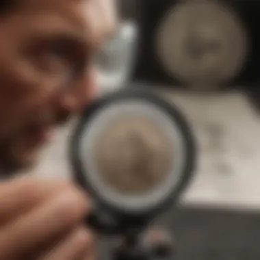 Person using a loupe magnifier to inspect a vintage stamp