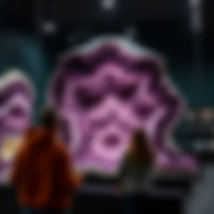 Collectors admiring a large amethyst geode display