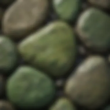 Close-up view of a green rock showcasing its unique texture and color variations