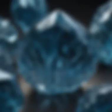 Close-up of a blue crystal with detailed facets and unique reflective properties.