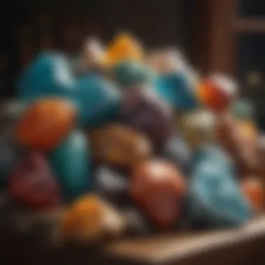 Vibrant Mineral Collection A stunning array of colorful minerals displayed on a wooden shelf