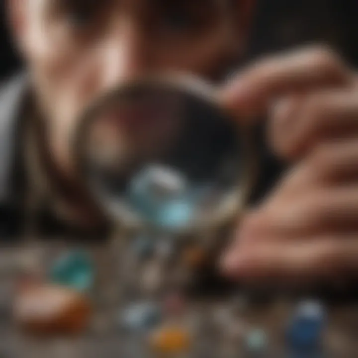 An expert examining gemstones under a magnifying glass, highlighting identification techniques.