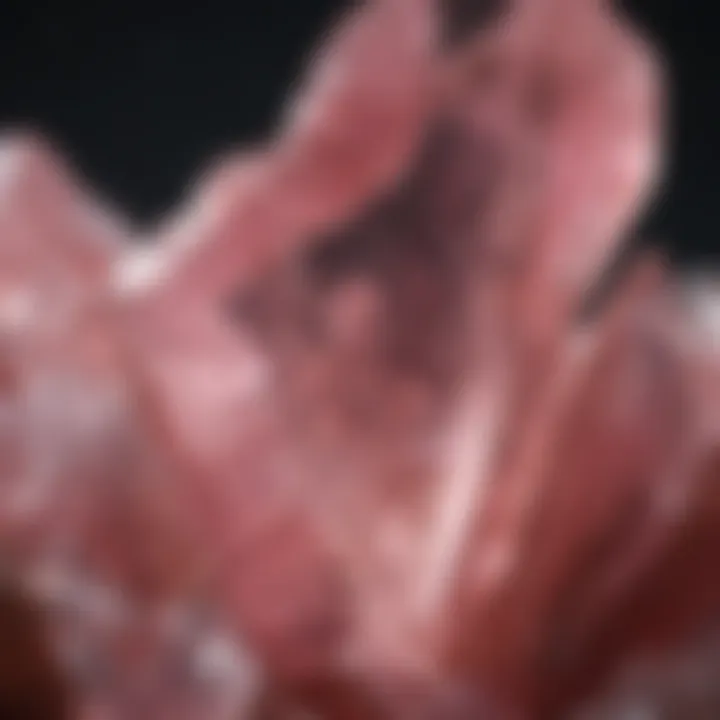 Close-up view of a pink quartz crystal revealing its internal structures and clarity