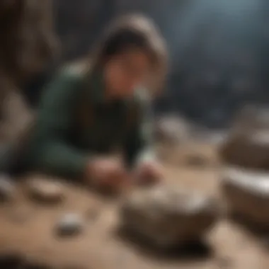 A geologist examining a rock specimen under natural light.