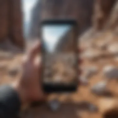 A person using a smartphone to identify a mineral specimen