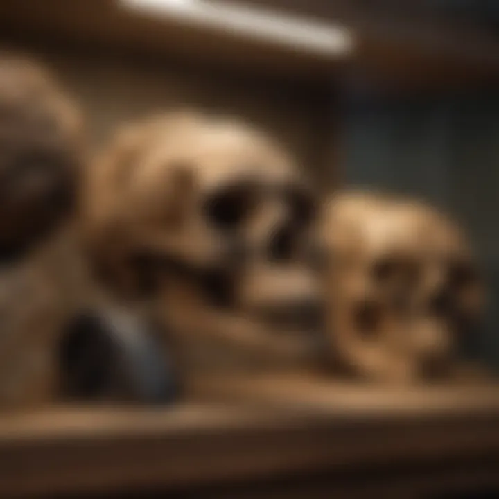 An artistic display of fossil replicas on a shelf.