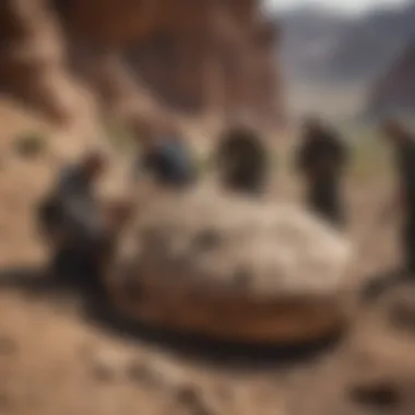 Fieldwork team analyzing a fossil find in natural surroundings