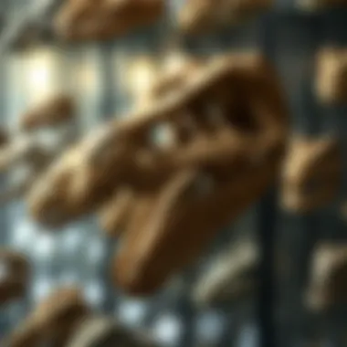 Collection display of various dinosaur skull replicas