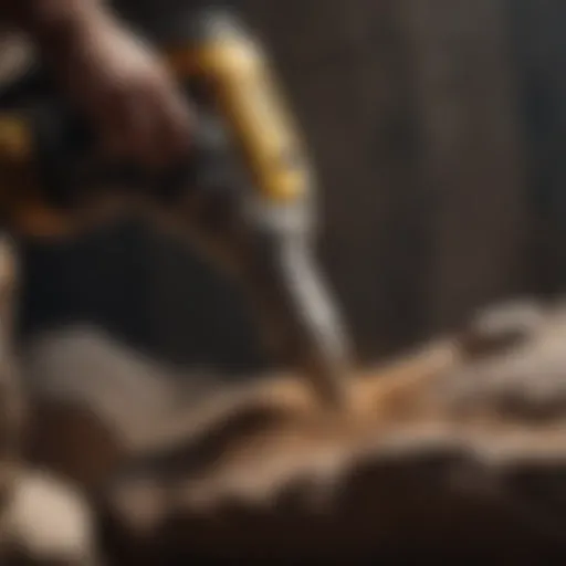 Close-up of a hammer drill in action on rock