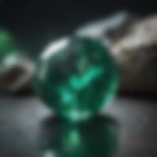 Close-up of an emerald gemstone reflecting light