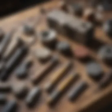 An array of rock polishing tools displayed on a workbench