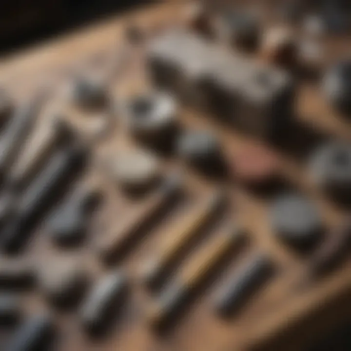 An array of rock polishing tools displayed on a workbench