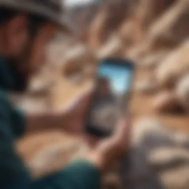 Close-up of a geologist using a digital app while examining a rock in the field.