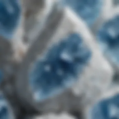 Close-up view of white crystal with blue spots showcasing its unique texture