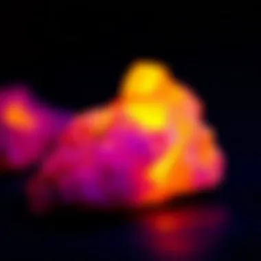 Close-up view of Yooperlite under ultraviolet light showcasing its fluorescent glow