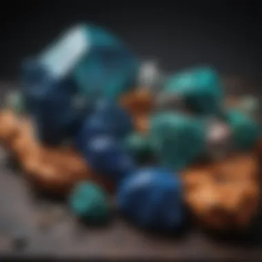 Artistic arrangement of azurite and chrysocolla in a collector's display