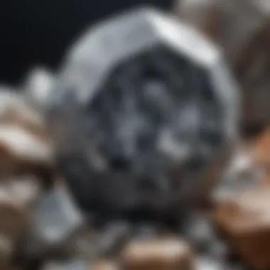 Close-up of a gray gemstone highlighting its geological features and inclusions