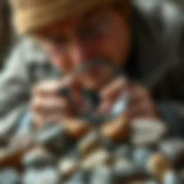 Collector examining tumbled stones with a magnifying glass