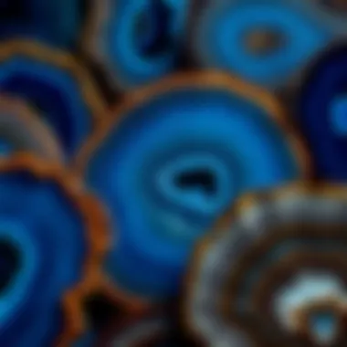 A close-up view of blue agate slices showcasing their intricate patterns and colors.