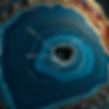 An informative display showing geological formation of blue agate with annotations.