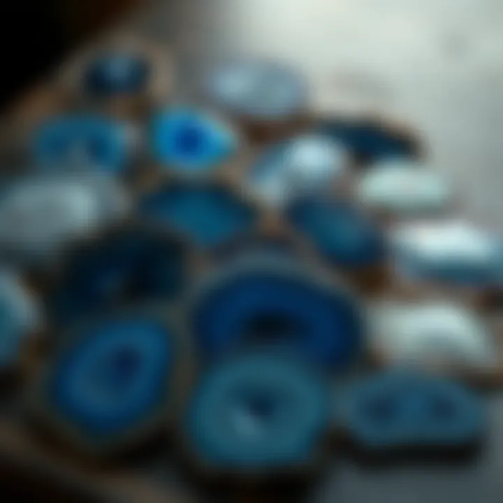 A variety of blue agate slices arranged aesthetically, highlighting their unique shapes.