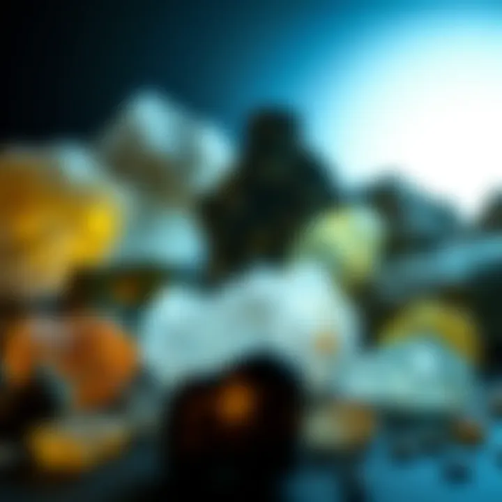 A collection of various types of bioluminescent minerals arranged aesthetically to highlight their unique features.