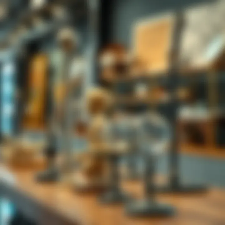 A collection of various custom metal stands displaying unique items elegantly