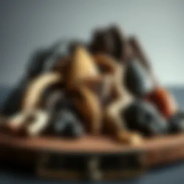 Artistic Display of Dinosaur Bone Collection A collection of dinosaur bone cabochons arranged artistically, showcasing variety.