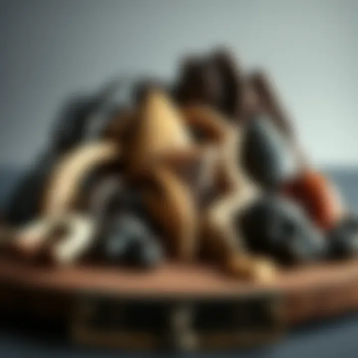 Artistic Display of Dinosaur Bone Collection A collection of dinosaur bone cabochons arranged artistically, showcasing variety.