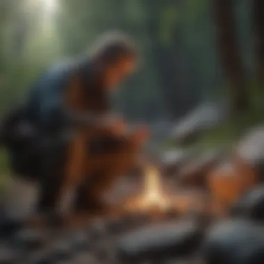 A collector examining fire starting rocks in a serene outdoor setting