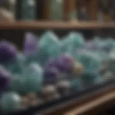 An array of fluorite specimens arranged elegantly on a display shelf