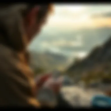 A nature enthusiast collecting geological samples in a stunning landscape.