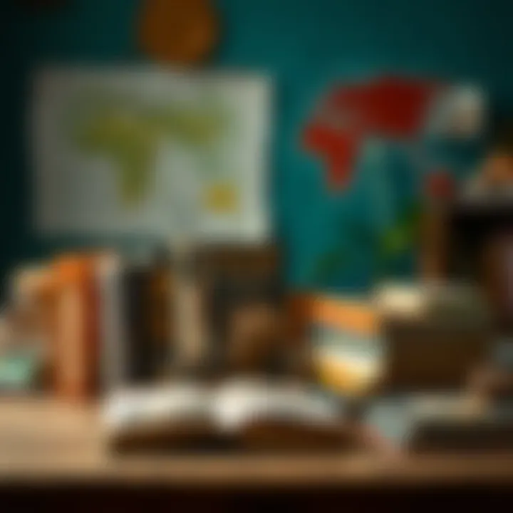 An array of earth science books and resources displayed on a table.